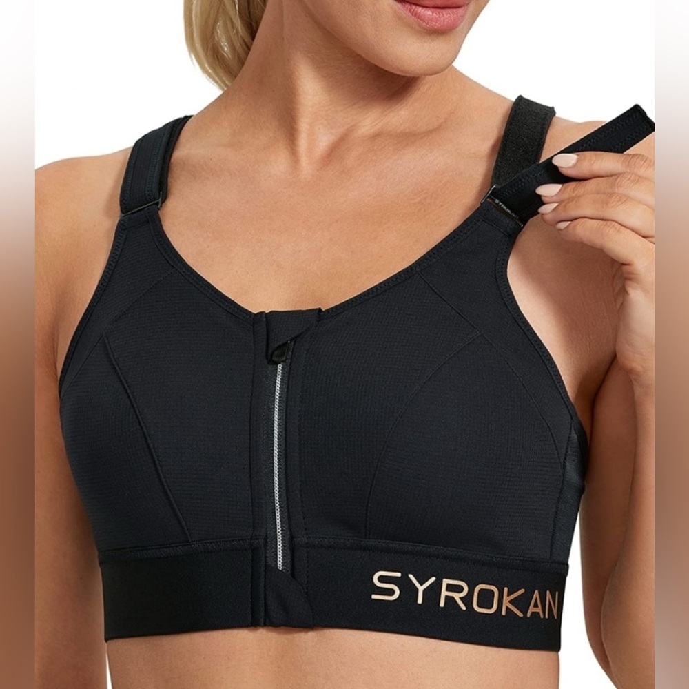 Syrokan Zip Front Sports Bra High Impact Black 34C New NWOT